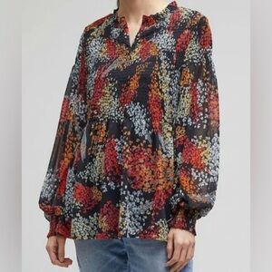 Anthropologie Akemi+Kim V-Neck Balloon Sleeve Floral Chiffon Smocked Top Size M